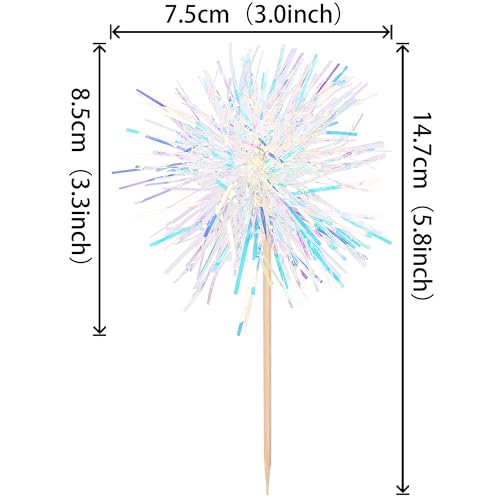 30 PCS Foil Firework Cupcake Toppers Happy Birthday Cupcake Toppers Sparkle Tinsel Flower Drink Stirrers Cocktail Fruit Toothpicks for Valentine's Day Baby Shower Party Cake Decor Supplies White (30 Count)