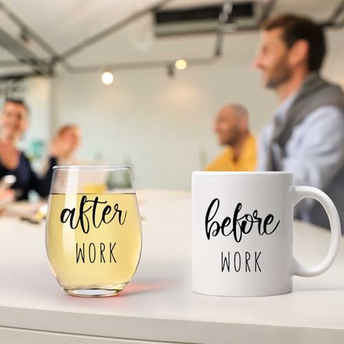 Before Work After Work Gift Set 11oz Coffee Mug 17oz Stemless Wine Glass 2oz Shot Glass Set for Boss Coworker Manger Leader Employee