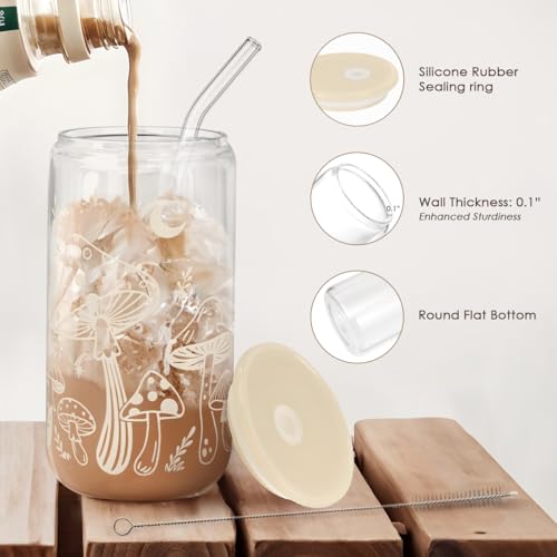Mushroom 16oz Can Glass Tumbler with Acrylic Lid & Straw