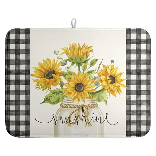 Summer Sunflower Dish Drying Mats for Kitchen Counter Spring Sunshine Kitchen Dishes Dryer Pad Flowers Absorbent Dish Mat Microfiber Washable Foldable Reusable Large 18x24 in