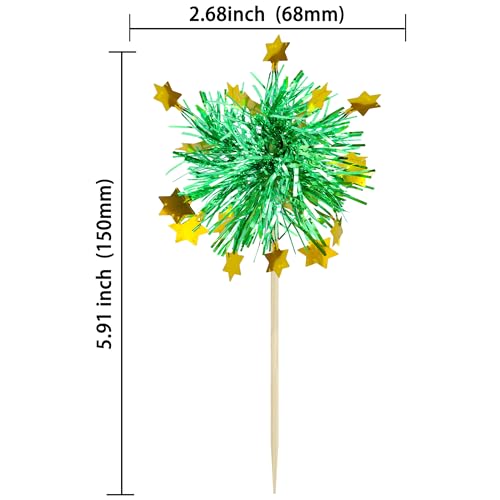 30Pcs Foil Firework Cupcake Toppers Happy Birthday Cake Toppers Tinsel Flower Drink Stirrers Cocktail Food Fruit Toothpicks for Valentine's Day Party Decorations Green (30 Count)