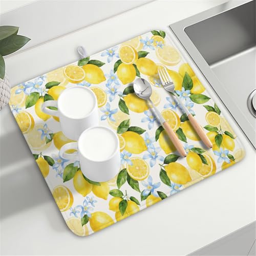 Lemon Dish Drying Mat 16x18 Inch Absorbent Reversible Summer Drying Mat Floral Lemon Fruits Dish Drying Rack Mat Yellow Summer Themed Dish Drainer Mat for Kitchen Counter Coffee Bar