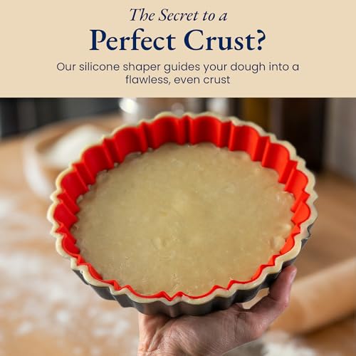 All-in-One Fluted Tart Pan 9 Inch Removable Bottom Set with Patented Silicone Crust Shaper & Pie Weight | Nonstick Carbon Steel Quiche Baking Dish & Tart Molds for Baking - PFOA & PTFE-Free
