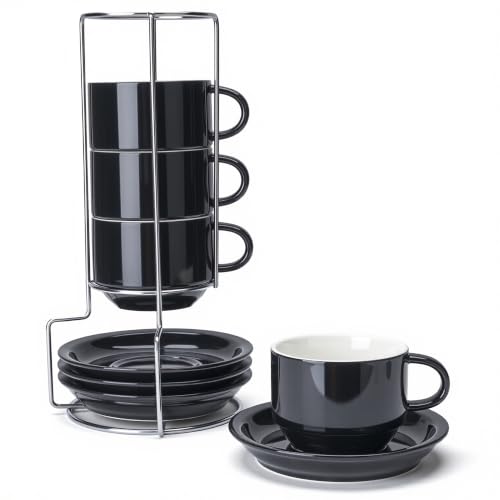8 Ounce Stackable Cappuccino Cups with Saucers and Metal Stand (4 Count)