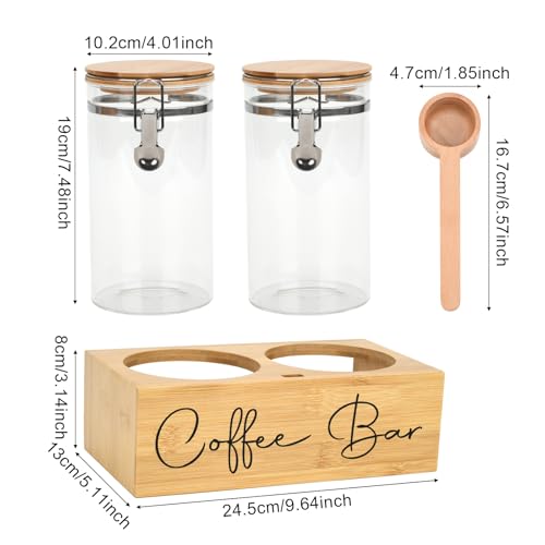 Glass Coffee Canister Set with Bamboo Shelf & Spoon