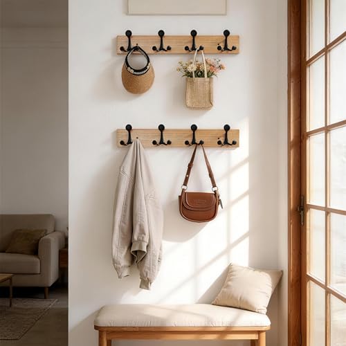 24 Inch Wood Coat Rack Wall Mount with 4 Triple Hooks