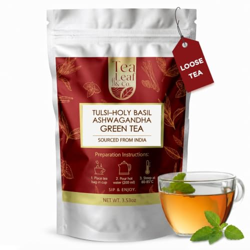Tealeaf & Co. Tulsi Holy Basil Ashwagandha Green Tea Loose Leaf with Lemon Peel (3.5274 Ounce)
