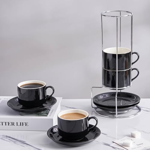 8 Ounce Stackable Cappuccino Cups with Saucers and Metal Stand