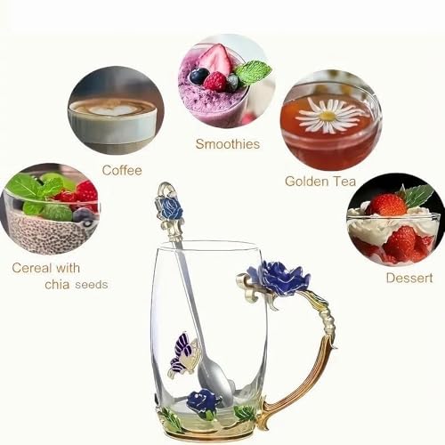 Tea Cup Gifts for Mom Women Mothers Day Glass Coffee Enamels Mug Birthday Butterfly Rose Gifts for Her Valentines Day Christmas Tea Cup with Spoon
