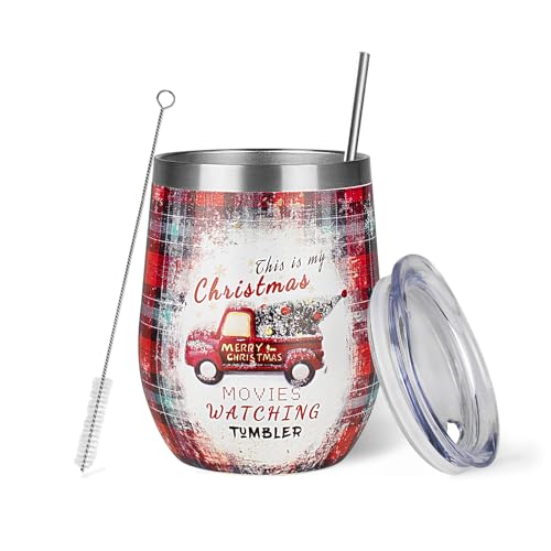 Christmas Wine Tumbler 12 oz Christmas Stainless Steel Wine Glass with Lid and Straw Stemless Double Wall Insulated Wine Cups Keeping Cold & Hot for Holiday Xmas Wedding Party Gifts