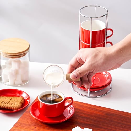 2.5 Ounce Stackable Espresso Cups with Saucers and Metal Stand (4 Count)