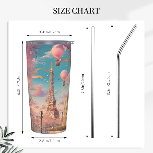 Paris Eiffel Tower Tumbler with Lid and Straw 20oz Coffee Tumblers Leakproof Stainless Steel Travel Mug Vacuum Insulated Cup for Iced and Hot (20 Count)