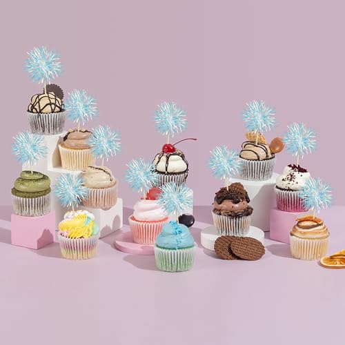 30Pcs Foil Firework Cupcake Toppers Sparkle Tinsel Cake Toppers Tinsel Drink Cake Decoration Cocktail Picks for Birthday Wedding Graduation Party Supplies Laser Blue (30 Count)