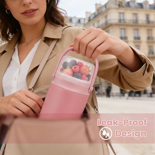 2-in-1 Thermos for Hot Food with Snack Box Container - 20oz Stainless Steel Insulated Food Container with Handle and Spoon, Leak Proof Bento Box Kids Adult for School Lunch Office, Pink