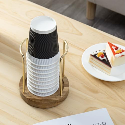 Premium Acacia Solid Wood and Brass Tone Metal Wire Countertop Plastic Cup Holder