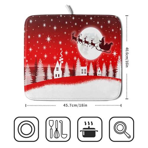 Christmas Reindeer Moon Star Red Dish Drying Mat for Kitchen Counter