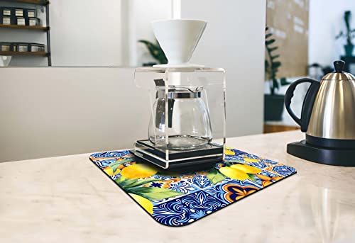 Rubber Dish Drying Mat for Kitchen Counter Large Lemon Washable Quick Home Coffee Pad Fit Under Sink