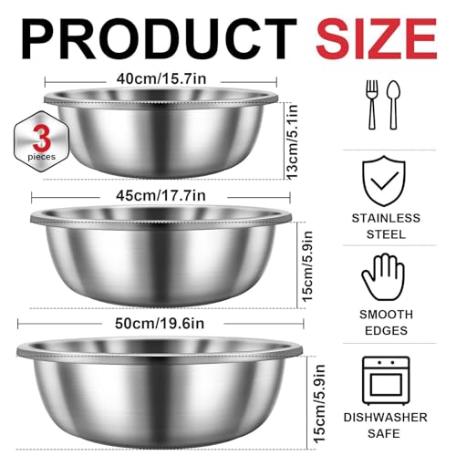 Set of 3 Extra Large Stainless Steel Mixing Bowls Large Mixing Container Easy to Clean (3 Count)