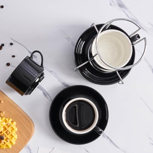 8 Ounce Stackable Cappuccino Cups with Saucers and Metal Stand