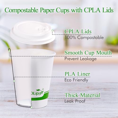 200 Count 8 oz Compostable Paper Coffee Cups with CPLA Lid