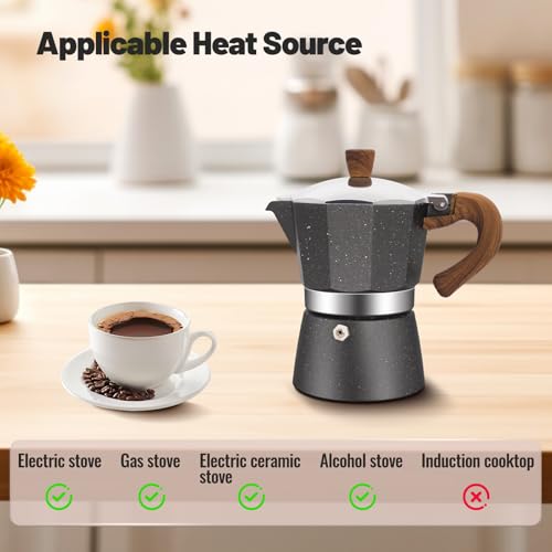 6 Cup Aluminum Moka Pot Classic Stovetop Espresso Coffee Maker 300ml 10oz Coffeemaker Percolator Mocha Pot Greca Coffee Maker Cafe Makers for Italian and Cuban Café Brewing Gray
