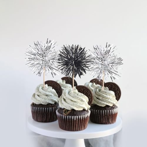 40 PCS Foil Firework Cupcake Toppers Sparkle Tinsel Cupcakae Picks Foil Firework Party Decorations Cocktail Fruit Toothpick for Fireworks Theme Birthday Wedding Graduation Party Decor Black Silver (40 Count)