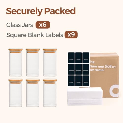 Glass Spice Jars with Labels 10 oz 6 Pack Large Square Bamboo Lids (6 Count)