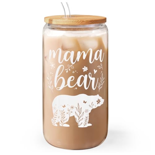 Mom Gifts Mama Bear 16 Oz Can Glass Tumbler with Bamboo Lid and Straw