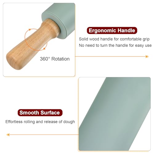 Silicone Rolling Pins for Baking 15 Inch Wooden Handle Non Stick Rolling Pin Small Roller Playdough Rolling Pins for Dough Pizza Pastry Fondant Kitchen