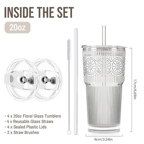 20oz Ribbed & Floral Glass Tumbler with Lid and Straw