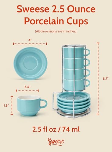 2.5 Ounce Porcelain Stackable Espresso Cups with Saucers and Metal Stand Set of 4
