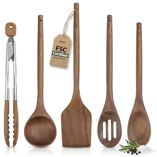 Elegant 5 Piece Walnut Wood Kitchen Utensil Set (5 Count)