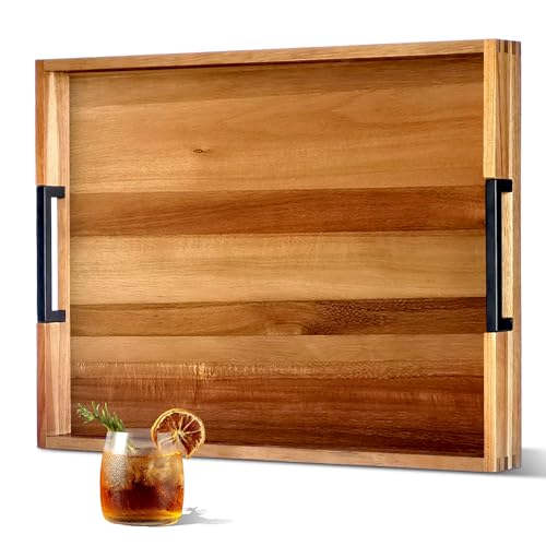 22 in Acacia Wooden Serving Tray with Black Metal Handles