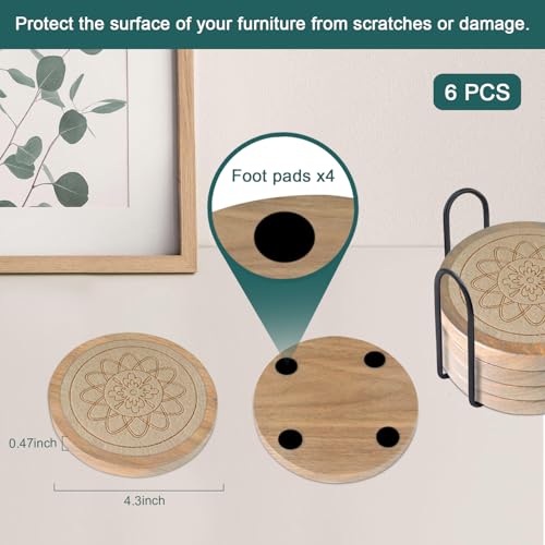 Wood Coasters for Drinks Housewarming Gifts for Home Decoration Absorbent Coasters with Holder for Coffee Tabletop Protection 4.3 Inch Beige
