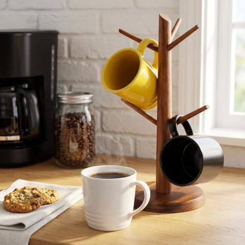 Acacia Wood Coffee Mug Tree Holder Countertop with 6 Hooks