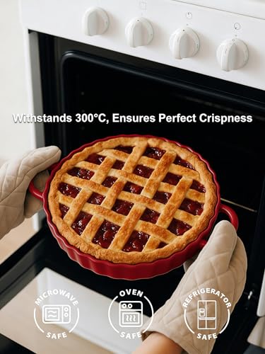10×2in Deep Ceramic Pie Pan with Handles for Pie Quiche Tart Baking. Easy to grip