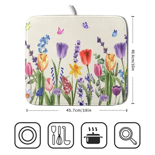 Spring Summer Colorful Flower Dish Drying Mat 16x18 Inch Spring Wildflowers Kitchen Pad Botanical Floral Drainer Rack Mats Absorbent Fast Dry Microfiber Dish Drying Pad for Countertop Table Decoration