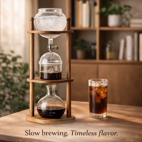 Cold Brew coffee Maker Ice Coffee Drip Machine with Advanced Slow Drip Technology Borosilicate Glass with Wood Tower
