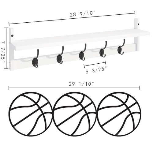 Wall Mounted Wood Shelf with 5 Dual Hooks for Bathroom