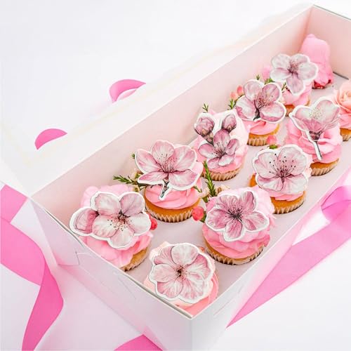 50Pcs Edible Flowers Cake Topper Cupcake Toppers Wedding Themed Party Baby Shower Birthday Party Cupcake Picks Anniversary Party Decorations Supplies Pink (50 Count)