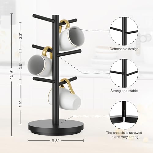 Coffee Mug Holder Tree Upgraded 360Rotated Cup Holder for Counter Black Wood Cup Tree Mug Rack Organizer Stand with 6 Hooks for Kitchen Coffee Bar Accessories
