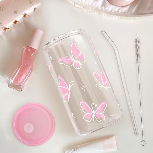 Butterfly 16 Oz Can Glass Tumbler with Acrylic Lid and Straw
