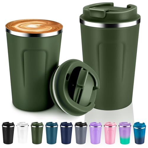 12 oz Double Wall Insulated Vacuum Travel Coffee Mugs with Flip Lid Bulk 2 Pack (2 Count)