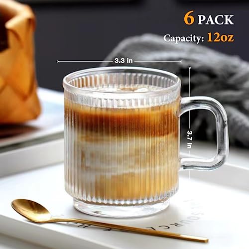 6 PACK Premium Glass Coffee Mugs with Handle (6 Count)