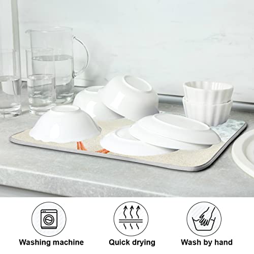 Summer Beach Dish Drying Mat 16 x 18 Inch Sea Wave Shells Starfish Drying Mat with High Absorbent Reversible Microfiber Kitchen Mat Dish Rack Pad Dish Drainer Mat Kitchen Counter Coffee Bar