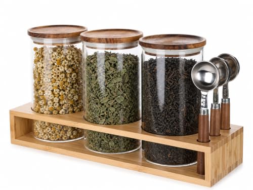 KKC HOME ACCNETS Glass Canister Set with Bamboo Rack & Scoops (5 Count)