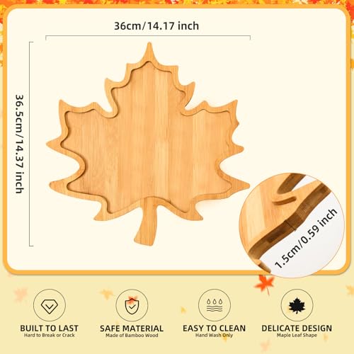 Maple Leaf Bamboo Serving Tray Thanksgiving Wooden Serving Platter Wood Snack Cheese Charcuterie Boards Wooden Fall Leaf Dish Plate for Halloween Autumn Harvest Party Supplies
