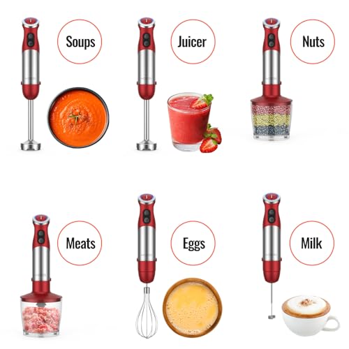5-in-1 Hand Immersion Blender, 1000W 12 Speed Handheld Blender Stick with Copper Motor Stainless Steel Blade, 600ml Mixing Beaker,500ml Food Processor, Whisk, Milk Frother, Non-BPA, Red