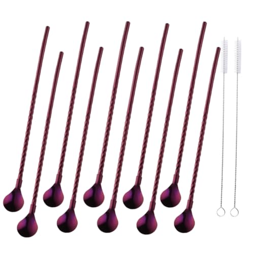10 pcs Metal Straw Spoons with 2 Cleaning Brushes