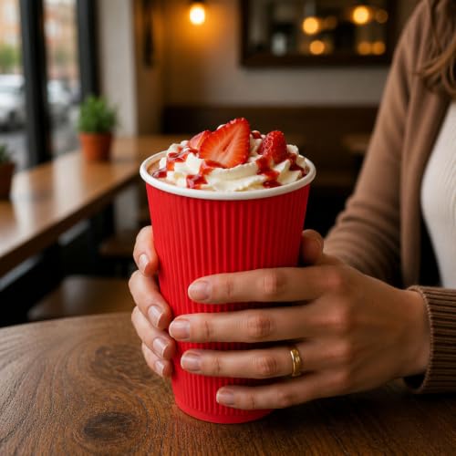 Ripple Wall Coffee Cups 25 Count 16 Ounce Insulated Red Paper Cups